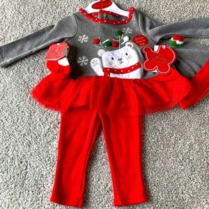 NWT Baby Essentials 4 Pc Set Pants*Top w/Tulle*Socks*Cap Christmas 6 Month Red